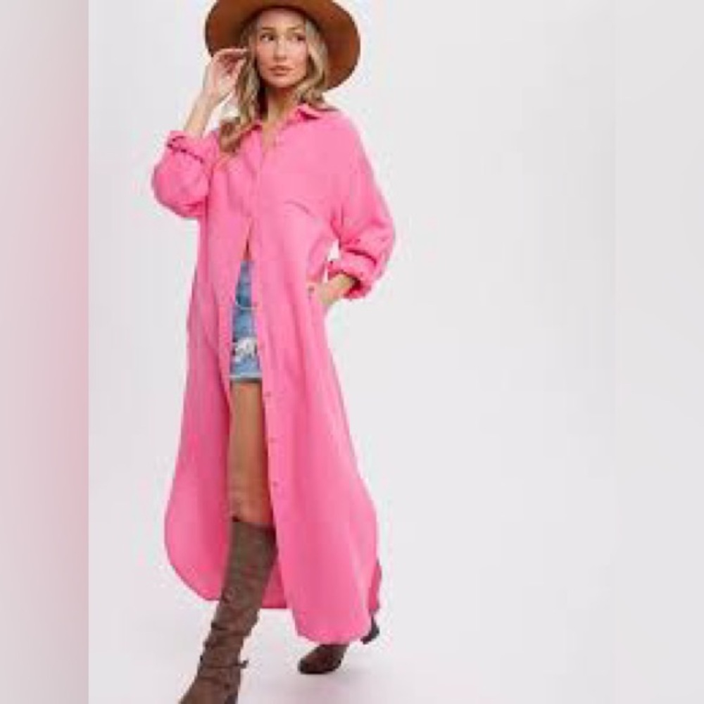 NWT Washed Barbie Pink Oversized Long  Button-up Shirt Dress